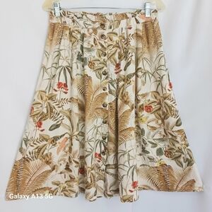 H&M Women's Palm Tree Leaf Foret Print Linen Blend Midi Skirt Sz M
